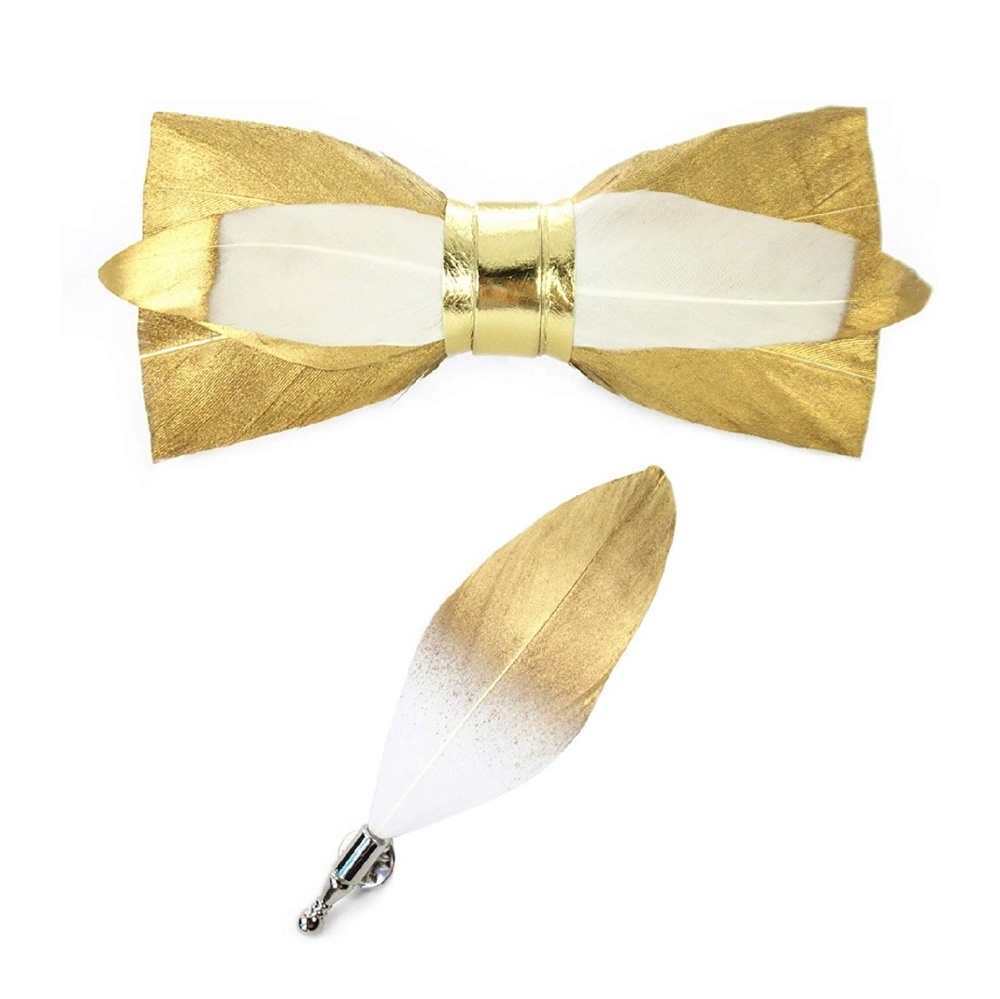 Mens Natural Feather Pre-Tied Bow tie & Lapel Pin